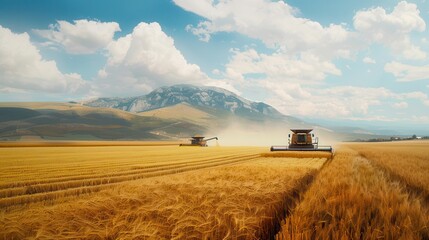 Naklejka premium Modern agricultural machinery harvesting wheat in a vast field with combines and tractors under a bright sky, set against a picturesque mountain backdrop.
