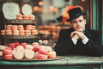 A Gentleman's Indulgence:  A dapper gentleman in a top hat leans thoughtfully against a bakery window, his gaze fixed on a delectable display of macarons. 