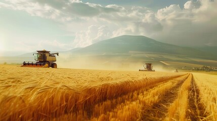 Fototapeta premium Modern agricultural machinery harvesting wheat in a vast field with combines and tractors under a bright sky, set against a picturesque mountain backdrop.