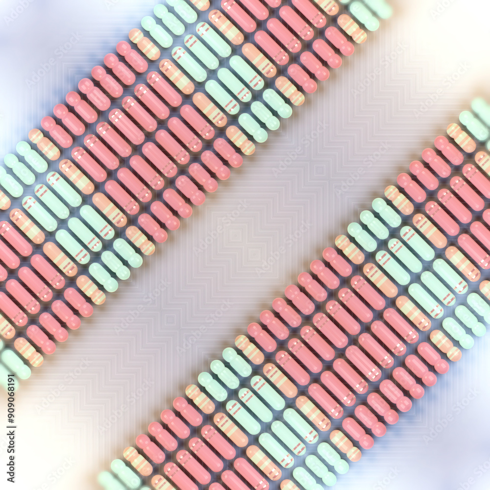 Poster Abstract pattern of a group of multicolored cylindrical shapes with colored gradient. 3d rendering illustration