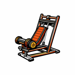 Leg press machine with weight plates, a person is using the machine.