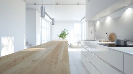 Fototapeta premium Modern kitchen interior in a luxury apartment with bright white walls, modern furniture, a wooden countertop, light countertops, and clean, minimalist decorations.