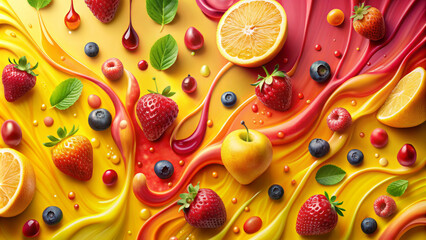 Vibrant fruits are scattered on a colorful, abstract background of flowing reds, yellows, and oranges. Strawberries, blueberries, and citrus slices are arranged among green leaves and droplets.AI gene