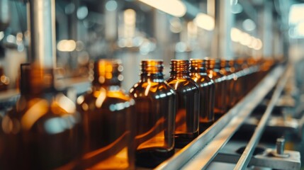 Symmetrical rows of brown glass short-neck bottles with pills on conveyor, pharmaceutical factory production line, industrial precision, close-up