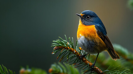 Fototapeta premium Natural background and a small blue bird sitting on a branch with small moss trees,