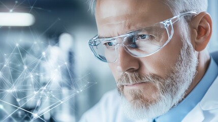 A focused scientist wearing safety goggles looks intently at a complex formula in a laboratory setting.  The image evokes a sense of scientific discovery and innovation.