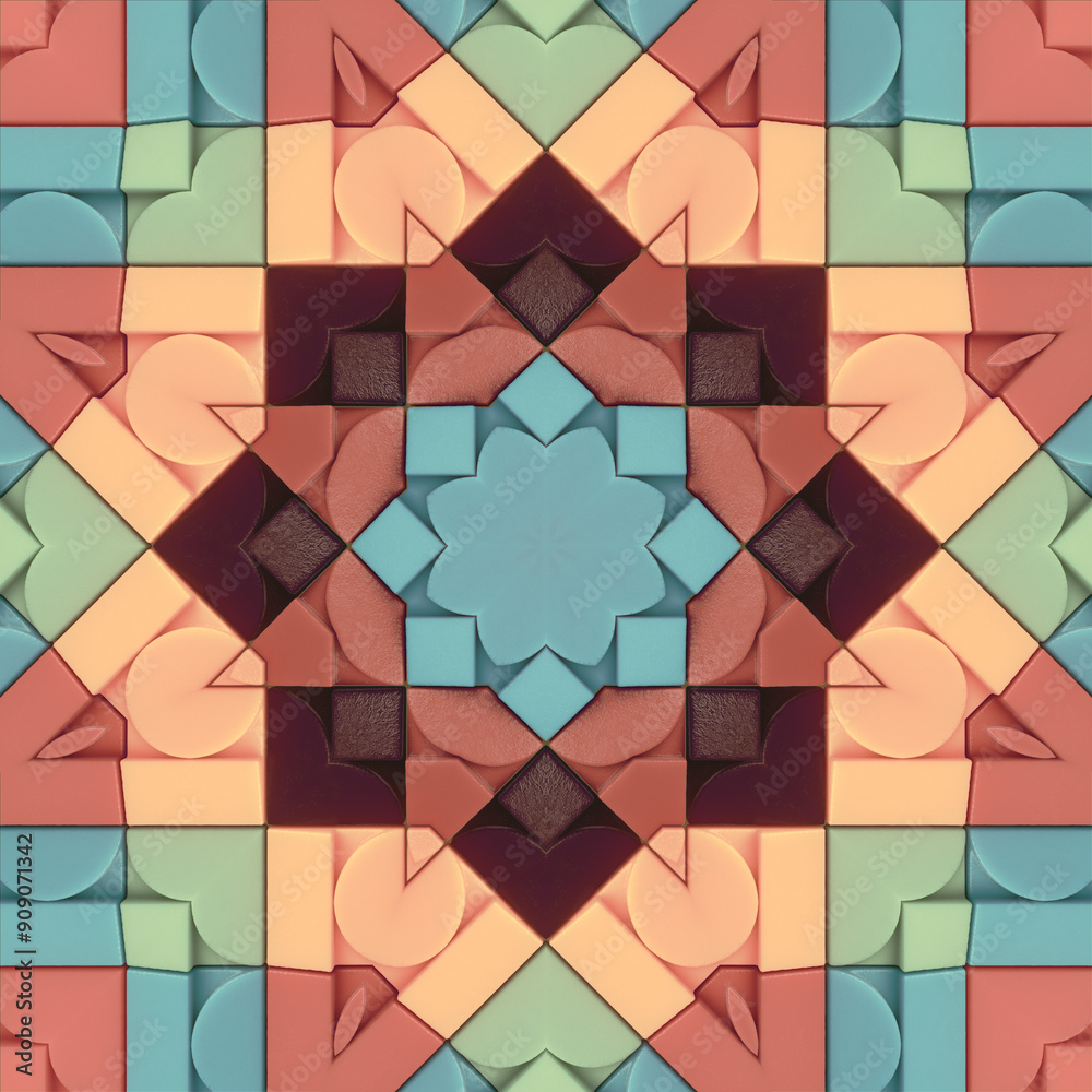 Poster A symmetrical geometric pattern consisting of interlocking shapes. 3d rendering digital illustration