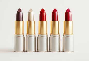 Obraz premium 5 lipsticks of different colors, different shades and shapes in silver cylinder with gold accents isolated on white background