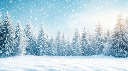 Snowy Forest Landscape with Evergreen Trees and Falling Snowflakes