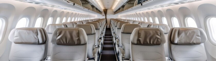 Fototapeta premium Interior of a modern airplane showing empty seats and spacious layout, ideal for travel and aviation-themed projects.