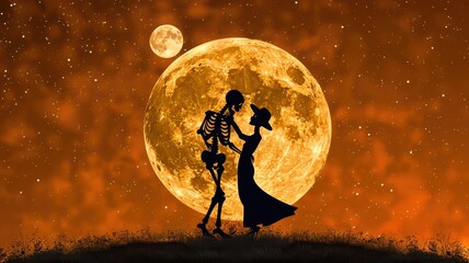A romantic silhouette of a skeleton and a woman under a glowing moon, symbolizing love beyond lifetimes.