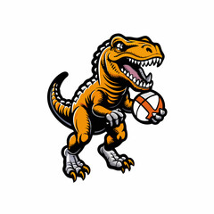 A Tyrannosaurus Rex wearing a football uniform, holding a football, standing on a football field with green grass and white lines.