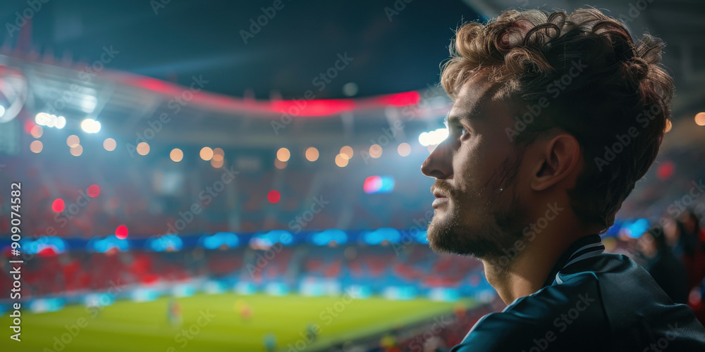 Wall mural A man intently watching a soccer match in a brightly lit stadium, capturing the intense atmosphere and fan excitement.