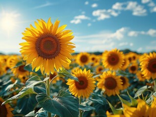 Obraz premium A bright field of sunflowers under a clear blue sky is a beautiful and happy natural scene