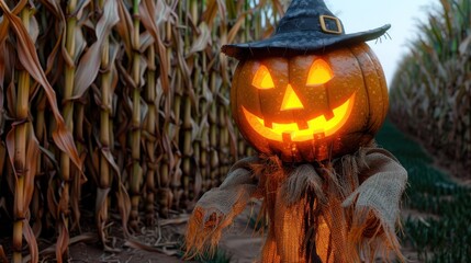 Naklejka premium A whimsical scarecrow pumpkin grins brightly in a cornfield at sunset