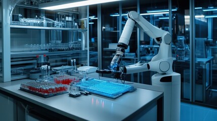 Fototapeta premium A high-tech laboratory filled with advanced AI robotic equipment conducting experiments. The state-of-the-art lab showcases cutting-edge technology and automation in scientific research