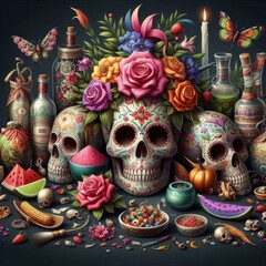 Dia de Muertos attributes detailed in photo realistic style
