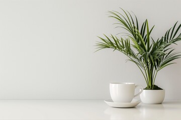 Fototapeta premium A white cup and a potted plant on a minimalist white background, giving an elegant and clean look ideal for comfort and calm.