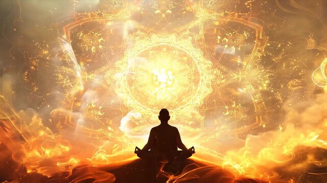 A person is sitting in the middle of a circle of fire. The circle is surrounded by clouds and the sky is orange. The person is meditating and the scene is peaceful