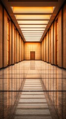 Deserted bank lobby, lights dimmed, reflective surfaces