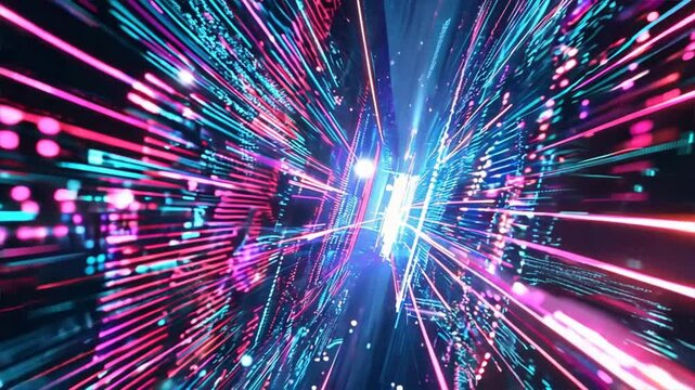 abstract digital matrix with interconnected nodes and bright lights