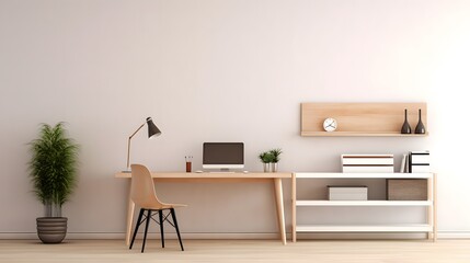 Fototapeta premium Clean Modern Office with Wooden Desk and Indoor Plant
