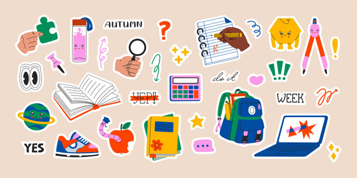 Back to school stickers set, trendy hand drawn supplies and lettering collection for college and elementary school concept. Contemporary vector illustration objects and elements, isolated background