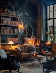 Retro gothic living room apartment with vintage Halloween decorations, lanterns casting eerie shadows, cobwebs scary dark mysterious
