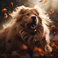 Playful Golden Retriever with Autumn Leaves