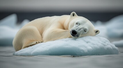 Obraz premium A serene polar bear naps atop a delicate ice floe, surrounded by tranquil waters
