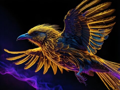 Gracefully soaring electrograph bird with golden and blue feathers against a black background, surrounded by purple smoke, evoking a sense of mystique and elegance.