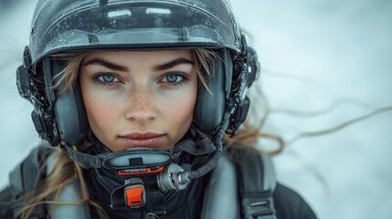 Obraz premium A woman in a helmet gazes into the distance against a snowy backdrop
