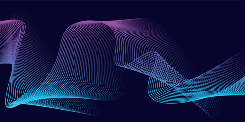 Abstract dark blue digital future technology geometric flowing line background. Purple-navy blue-green gradient smooth wave lines web banner background for cover, flyer, card, header, poster, slide