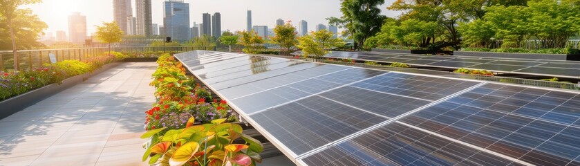 Fototapeta premium Shining solar panels on a rooftop with greenery, showcasing clean energy in a modern urban setting under bright sunlight.