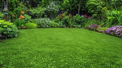Fototapeta premium A lush green lawn with a garden border in full bloom