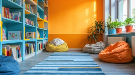 A cozy reading corner in a classroom with bookshelves and bean bags