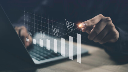 Retail and commerce growth with upward trends. Features a graph showing increased sales and profits, Market value, procurement, and performance improvement with up arrows.