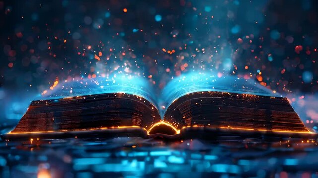 Open book with glowing digital effects, representing futuristic technology and digital knowledge.	
