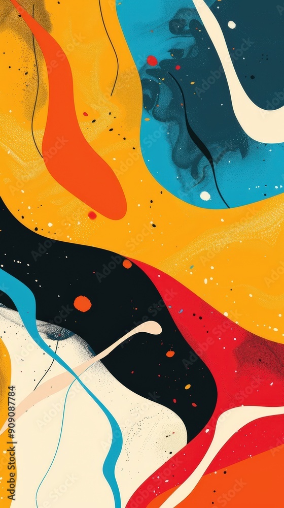 Poster a dynamic composition showcases an interplay of bold colors and fluid shapes creating a visually sti