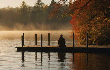 A solitary figure sits on a wooden dock, reflecting in the golden light of dawn. The calm, misty lake and autumnal trees create a serene and peaceful atmosphere for contemplation.