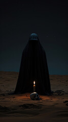 A mysterious figure in a dark cloak stands in a desert at night, illuminated by a flickering candle next to a skull.
