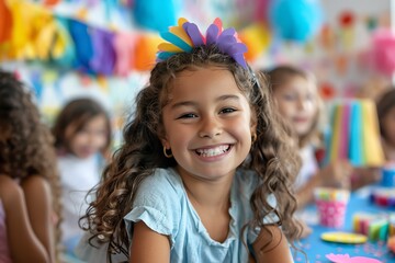 Cheerful girl with curly hair smiling at a colorful birthday party with friends in the background enjoying the celebration.