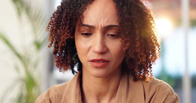 Home, stress and woman with scam on phone for phishing email, cybercrime and online banking fraud. Tech, app and person with anxiety in house for account hacking, transaction and reading fake info