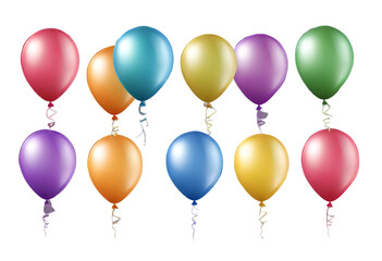 Set of various beautiful heart shaped balloons in different colours isolated on transparent background.  