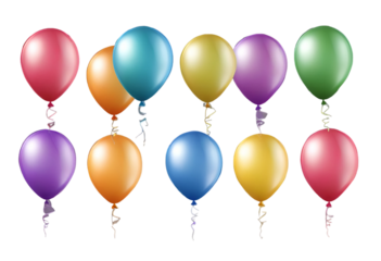 Set of various beautiful heart shaped balloons in different colours isolated on transparent background.  