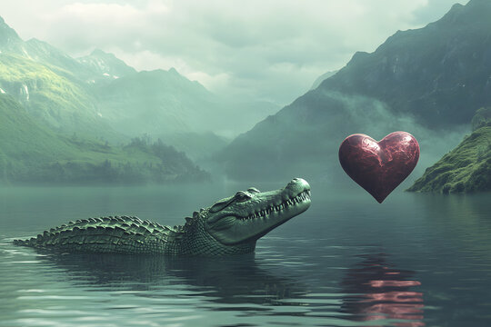 Crocodile in the water, looking at pink heart.