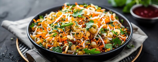 Traditional Indian snack of bhel puri with fresh herbs and tangy tamarind sauce