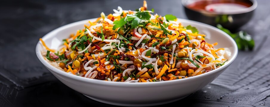 Traditional Indian snack of bhel puri with fresh herbs and tangy tamarind sauce