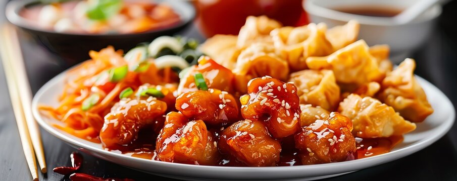 Chinese lunch plate with sweet and sour chicken and fried wontons