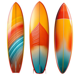 Colorful surfboards with vibrant and designs. Perfect for summer, beach, ocean, and surfing enthusiasts.